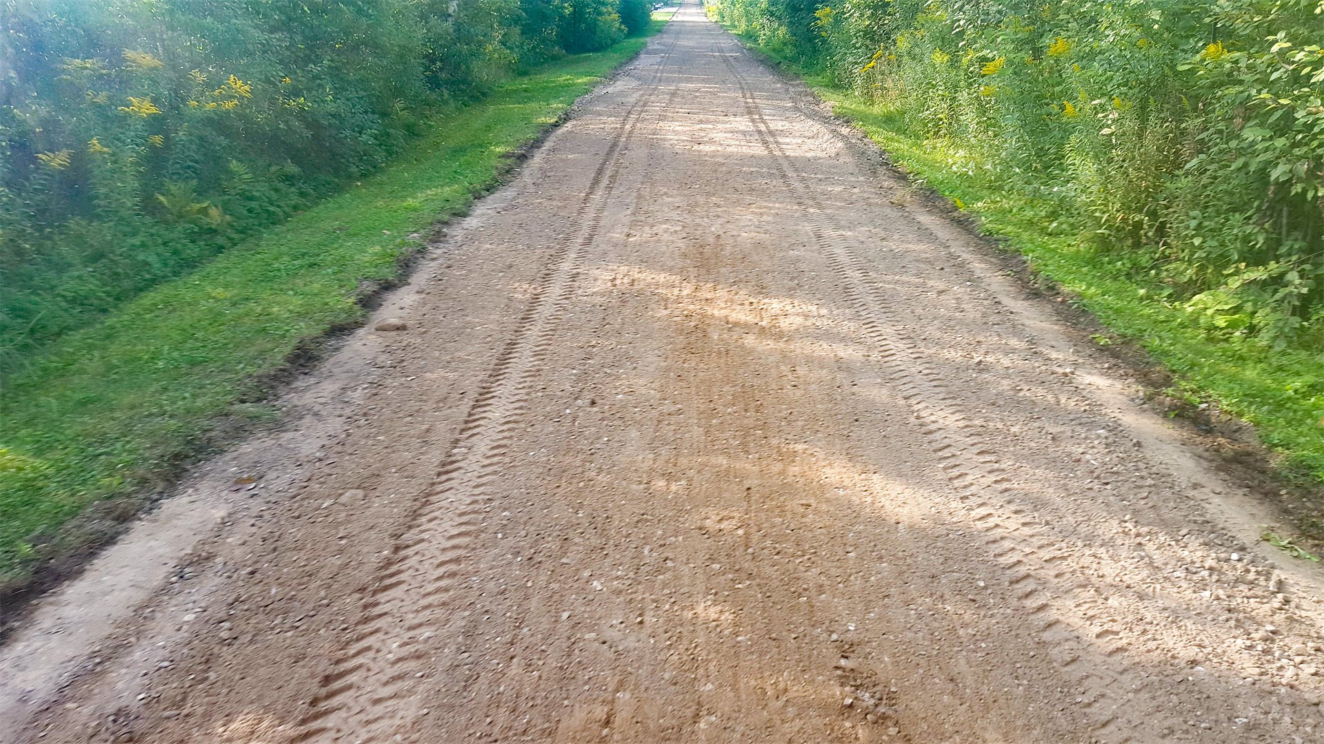 Graded gravel path with equipment tracks between green vegetation.